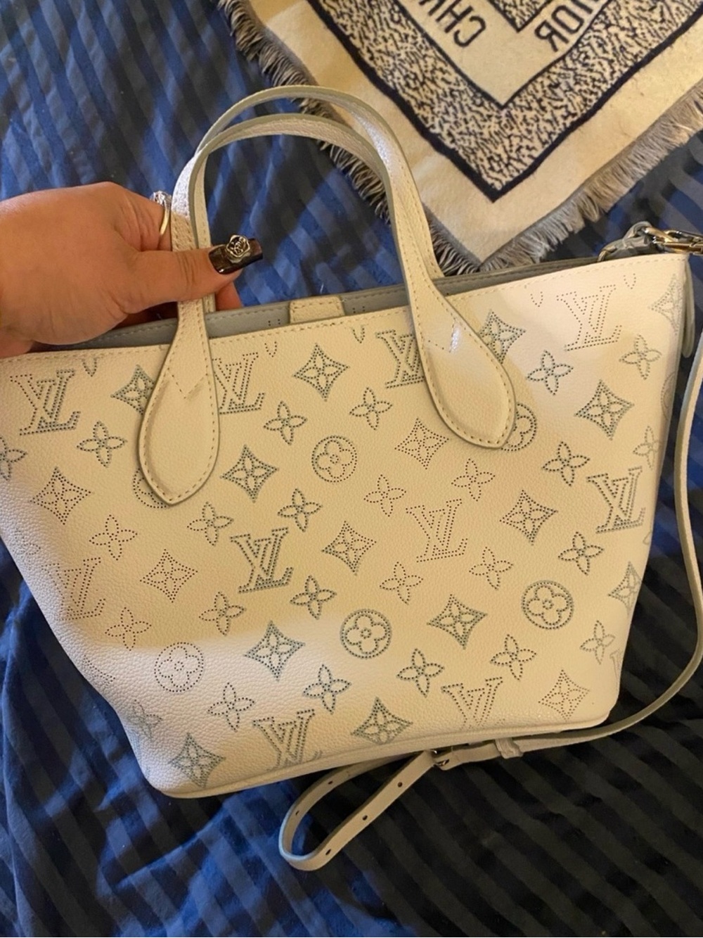 Designer Inspired White Perforated Monogram Tote - Picture 3 of 8